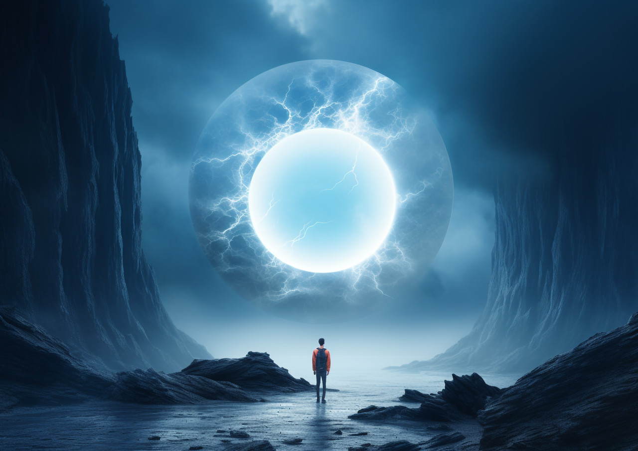 A picture of a man standing on the moon, with a bright ring of light behind him, futuristic image