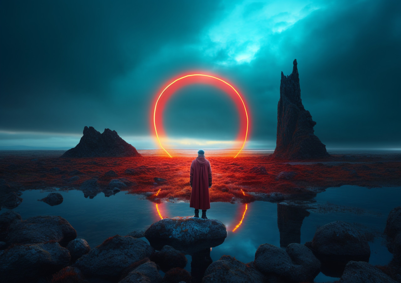 A man stands in a glowing ring, surrounded by rocks, futuristic image