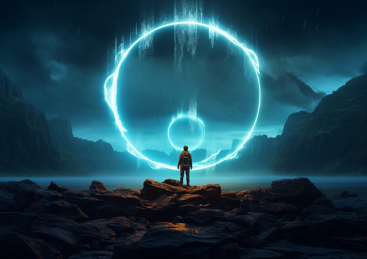 A man stands in a glowing ring, surrounded by rocks, futuristic image