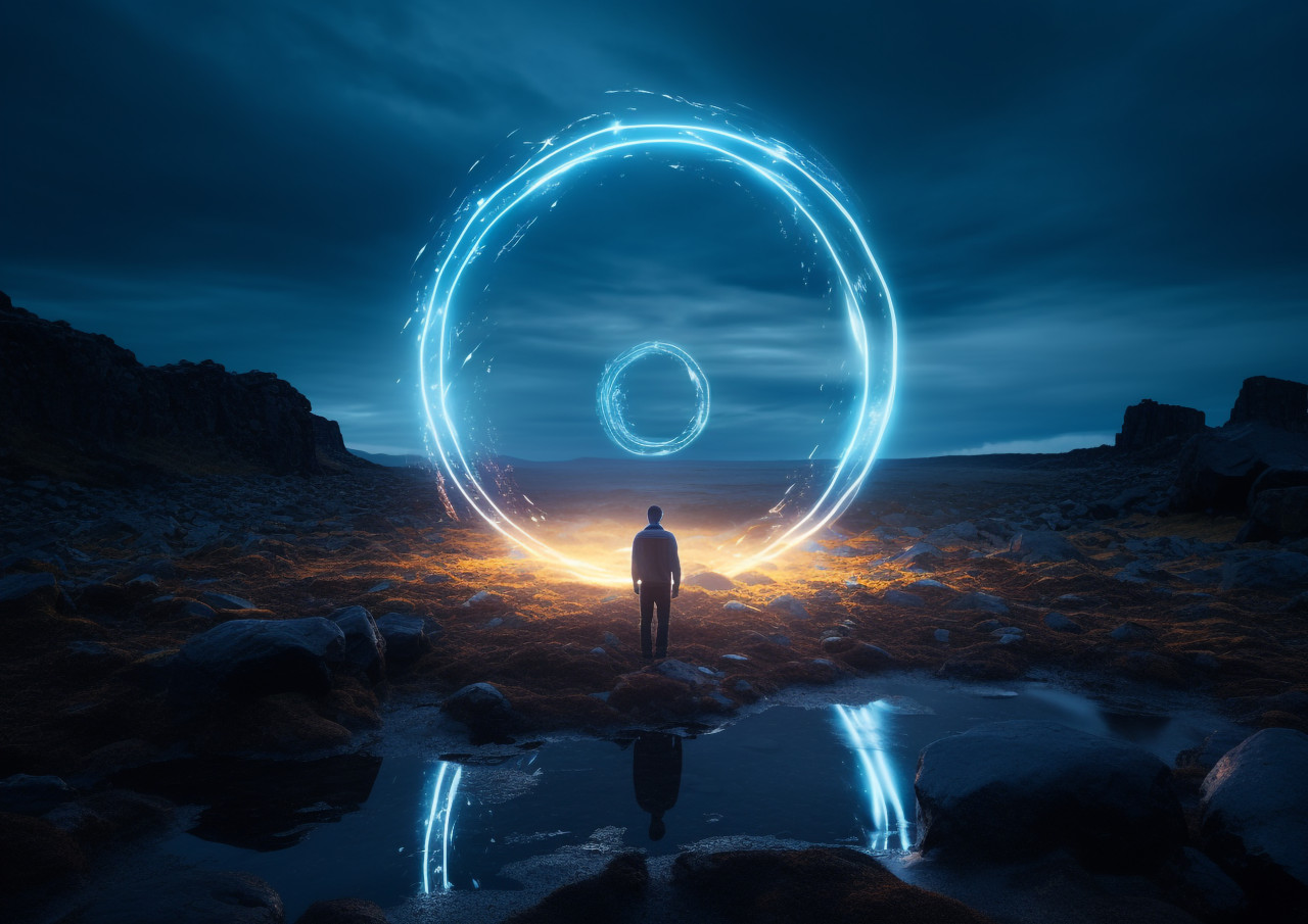 A man stands in a glowing ring, surrounded by rocks, futuristic image