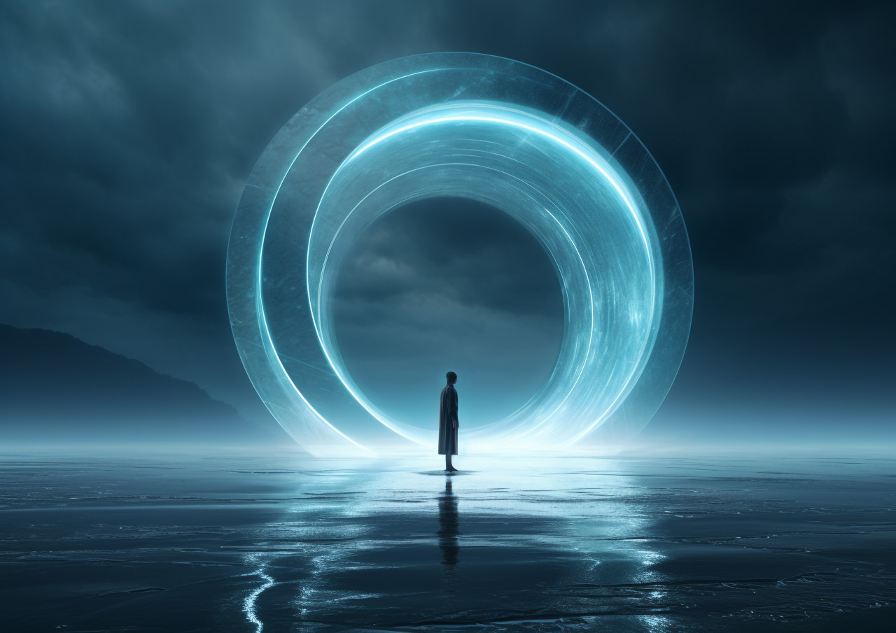 A dark figure of a person standing in the middle of a ring, futuristic image