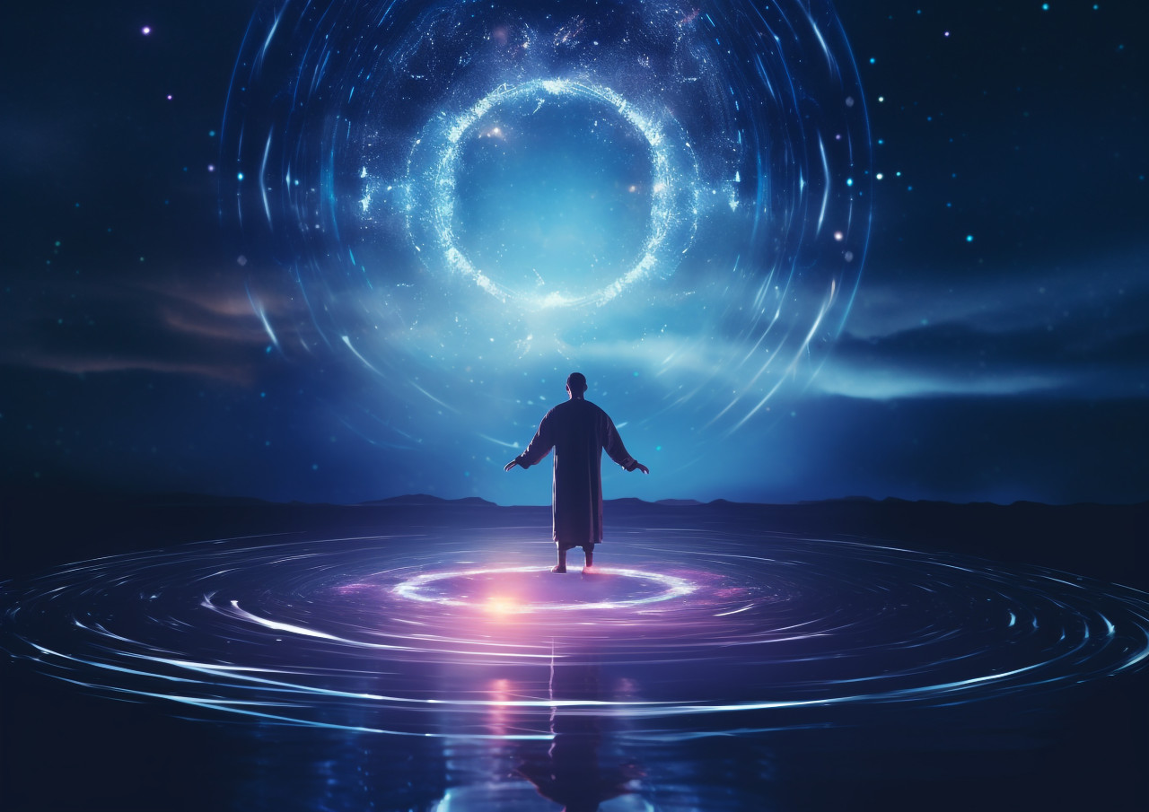 A picture of a man in the shape of a circle standing in a ring above a night sky full of stars, futuristic image