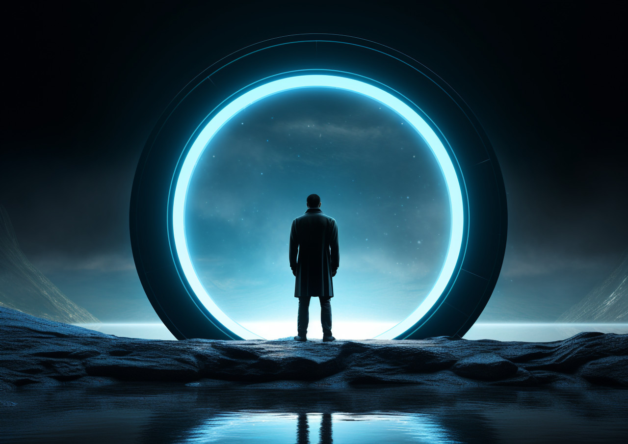 A dark figure of a person standing in the middle of a ring, futuristic image