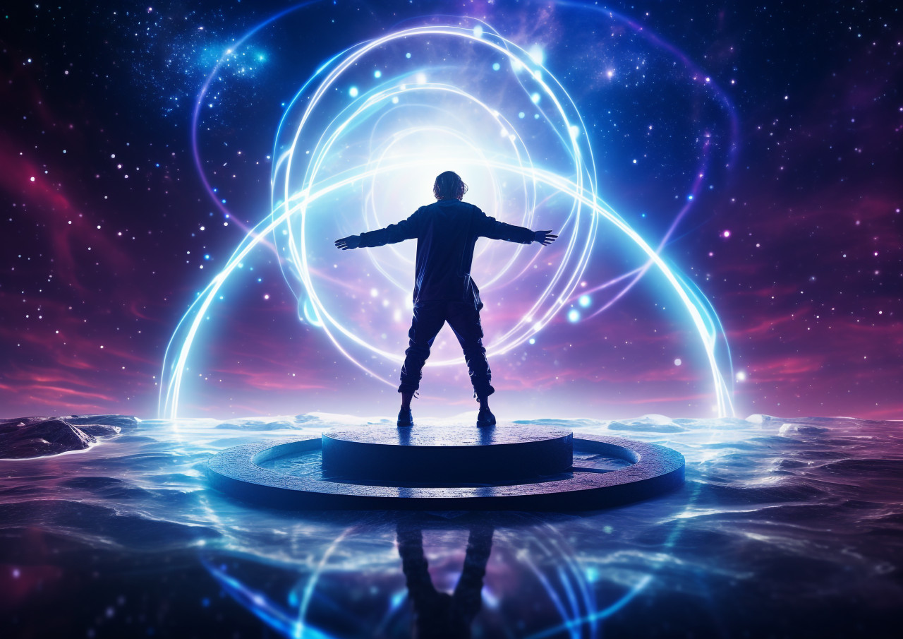 A picture of a man in the shape of a circle standing in a ring above a night sky full of stars, futuristic image