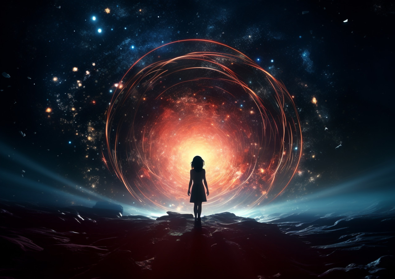 Video of a girl walking through a dark hole with a star, futuristic image