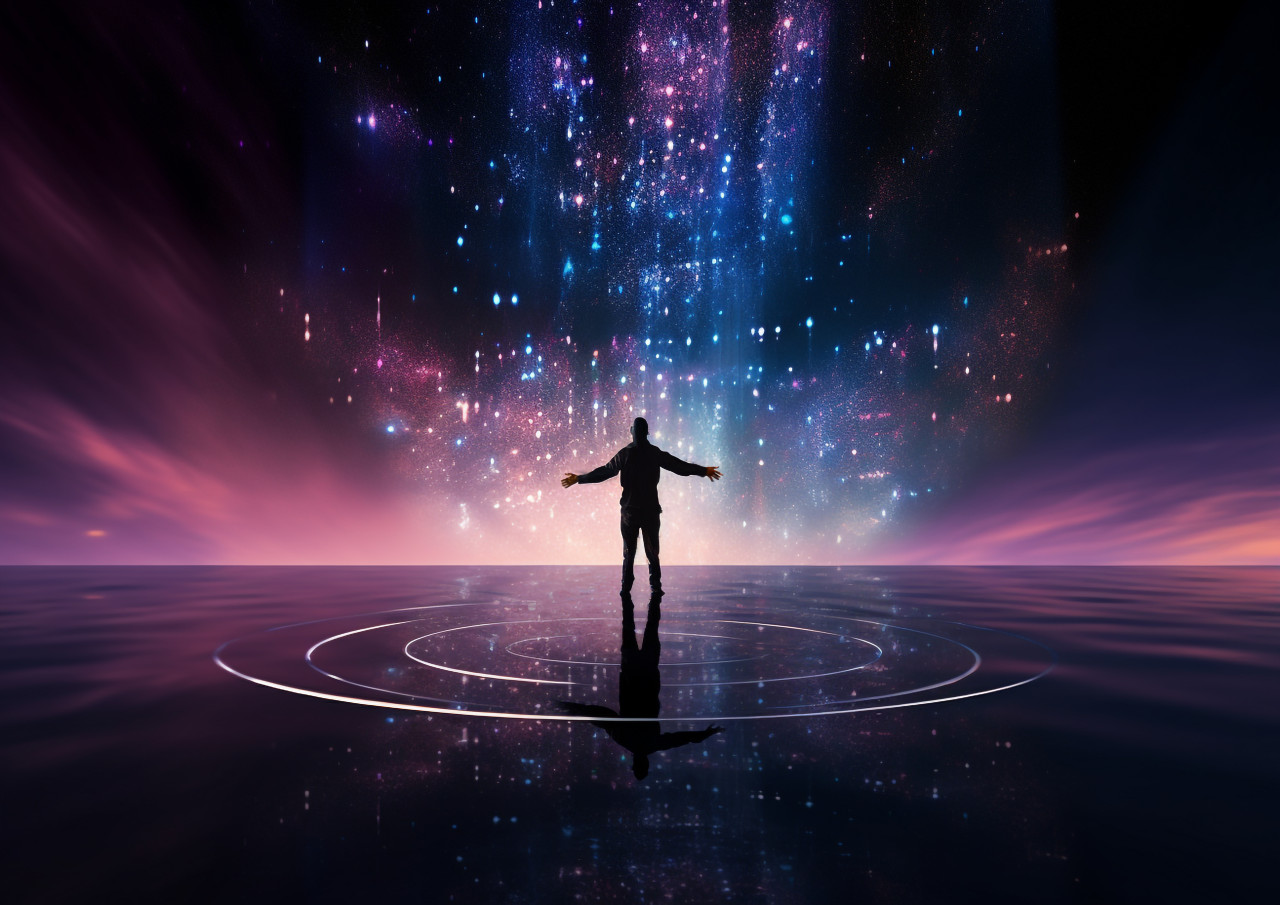 A picture of a man in the shape of a circle standing in a ring above a night sky full of stars, futuristic image