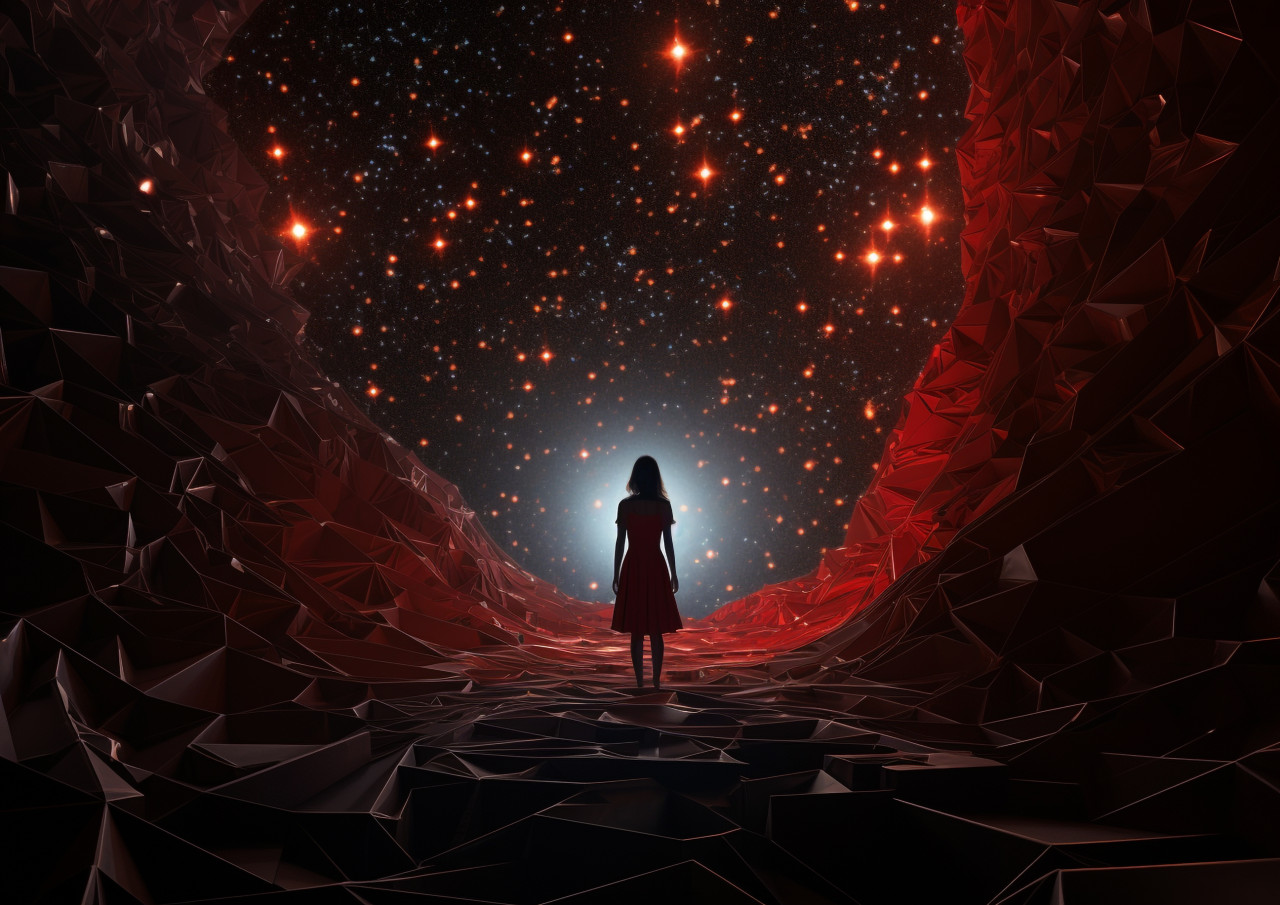 Video of a girl walking through a dark hole with a star, futuristic image