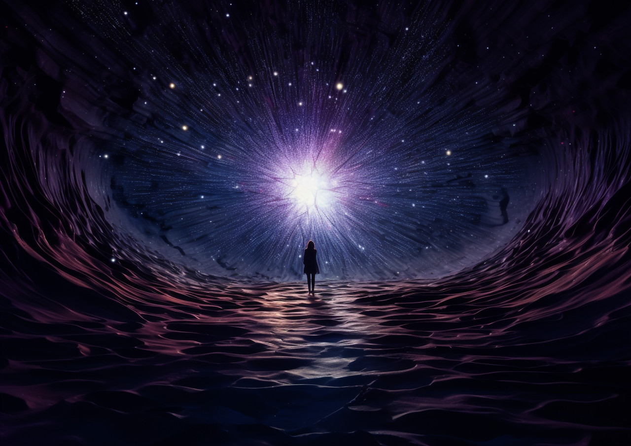 Video of a girl walking through a dark hole with a star, futuristic image