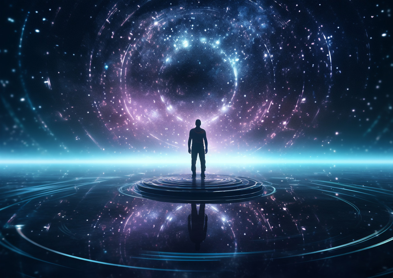 A picture of a man in the shape of a circle standing in a ring above a night sky full of stars, futuristic image