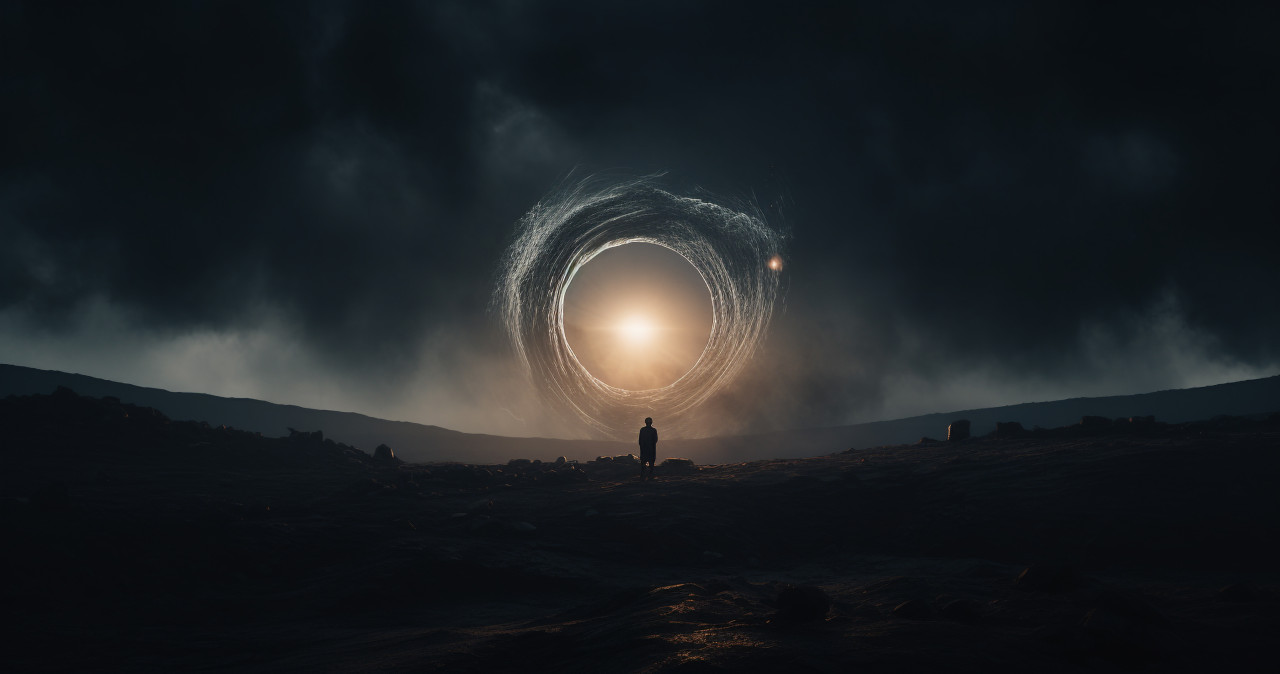 A person on the moon standing in front of a glowing circle, futuristic image