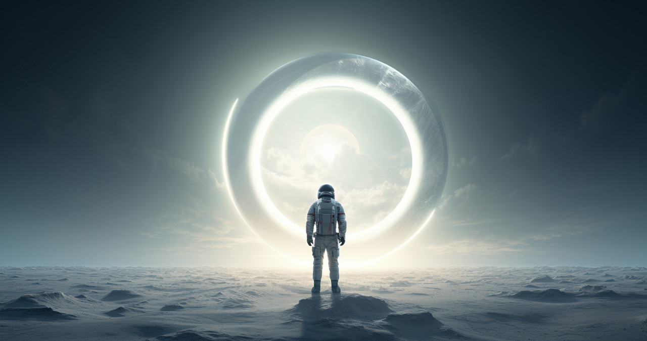 A space traveler is standing outside on the edge of a round sunlit circle, futuristic image