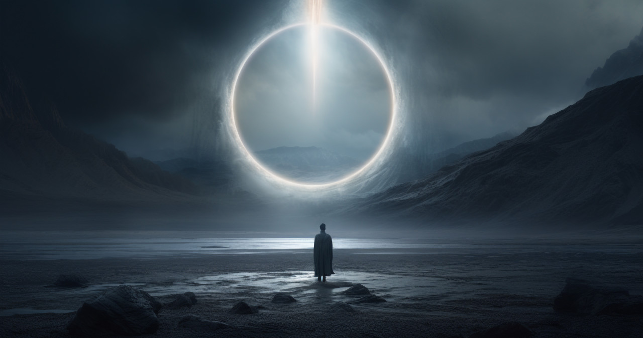 A person on the moon standing in front of a glowing circle, futuristic image