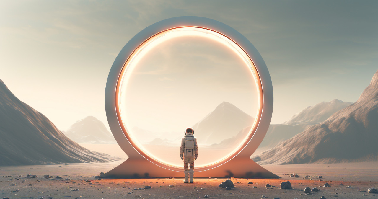 A space traveler is standing outside on the edge of a round sunlit circle, futuristic image