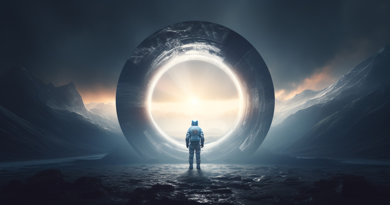A space traveler is standing outside on the edge of a round sunlit circle, futuristic image