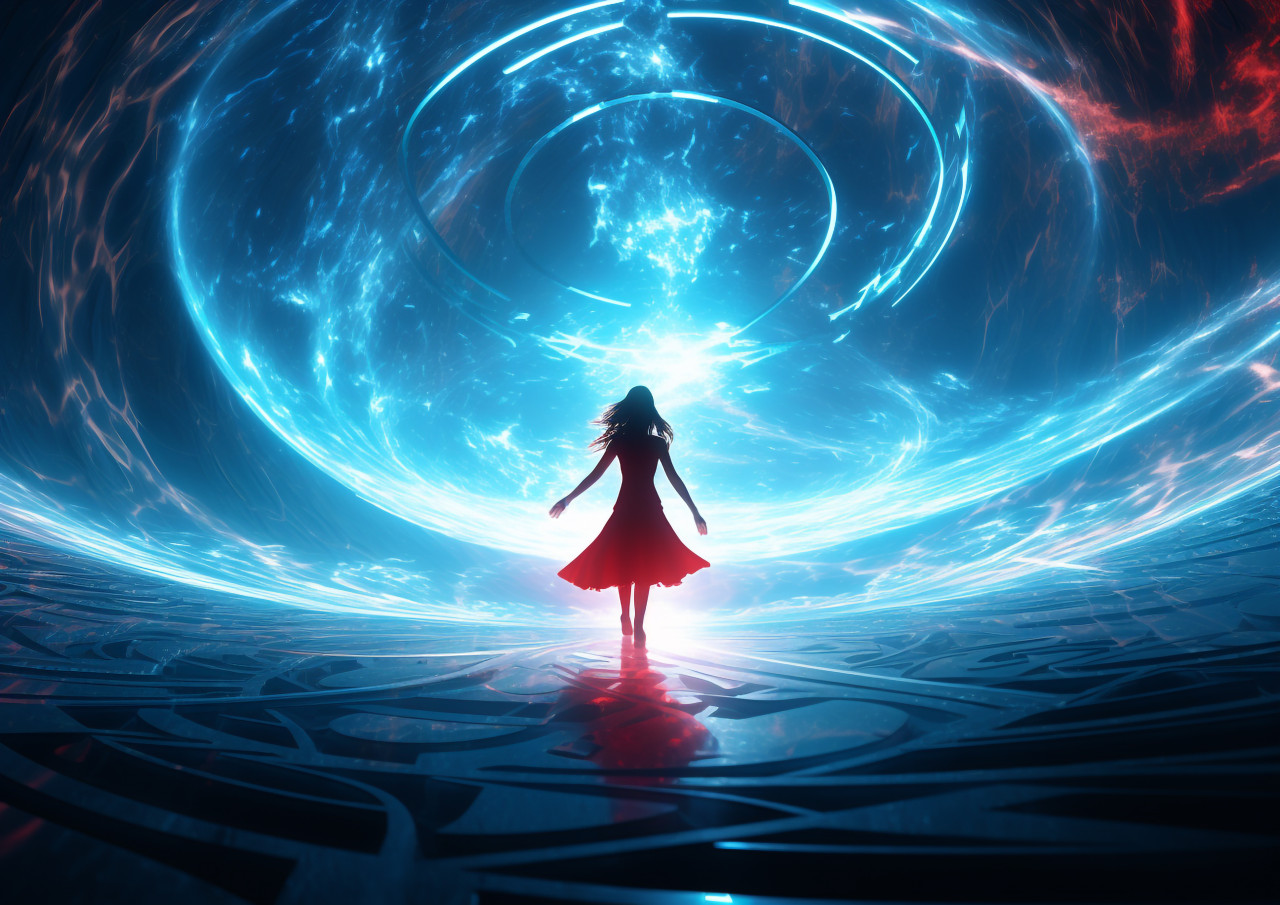 A picture of a woman standing inside a circle of light, futuristic image