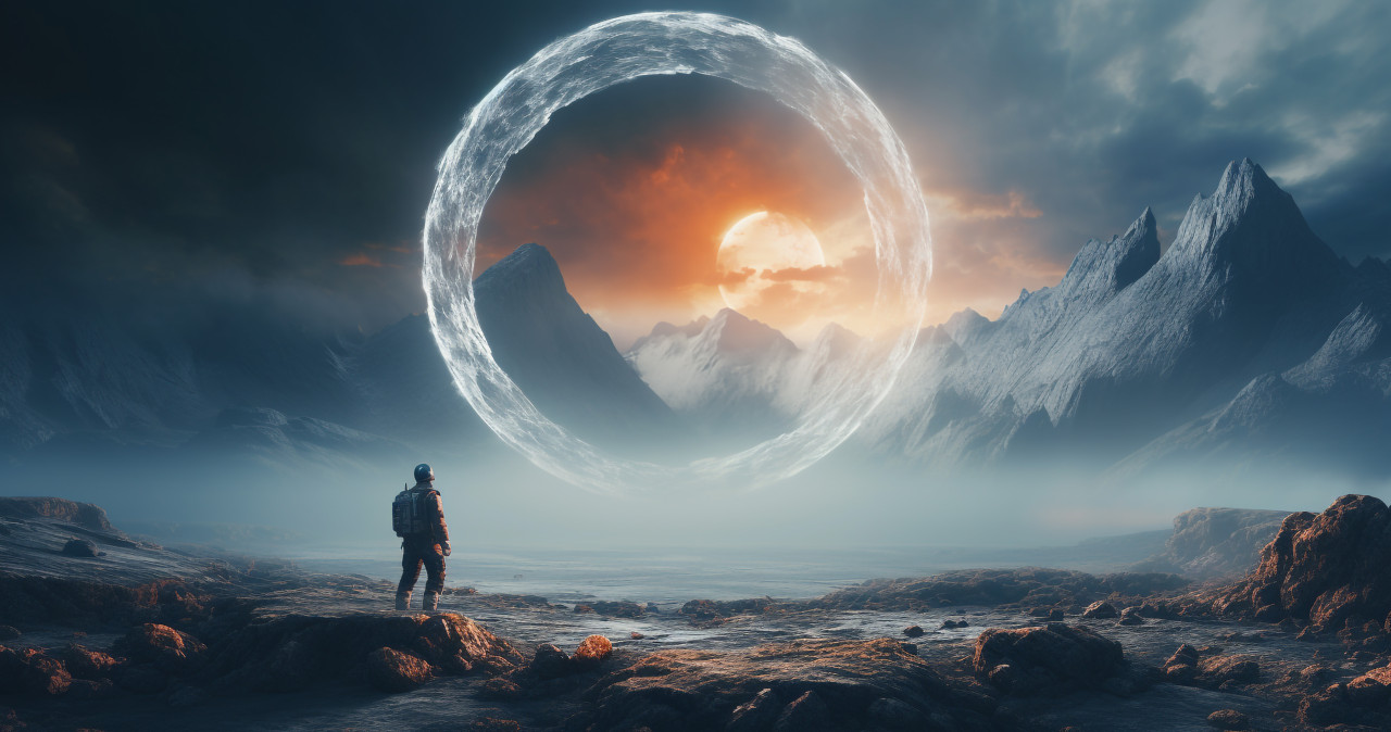 A space traveler is standing outside on the edge of a round sunlit circle, futuristic image