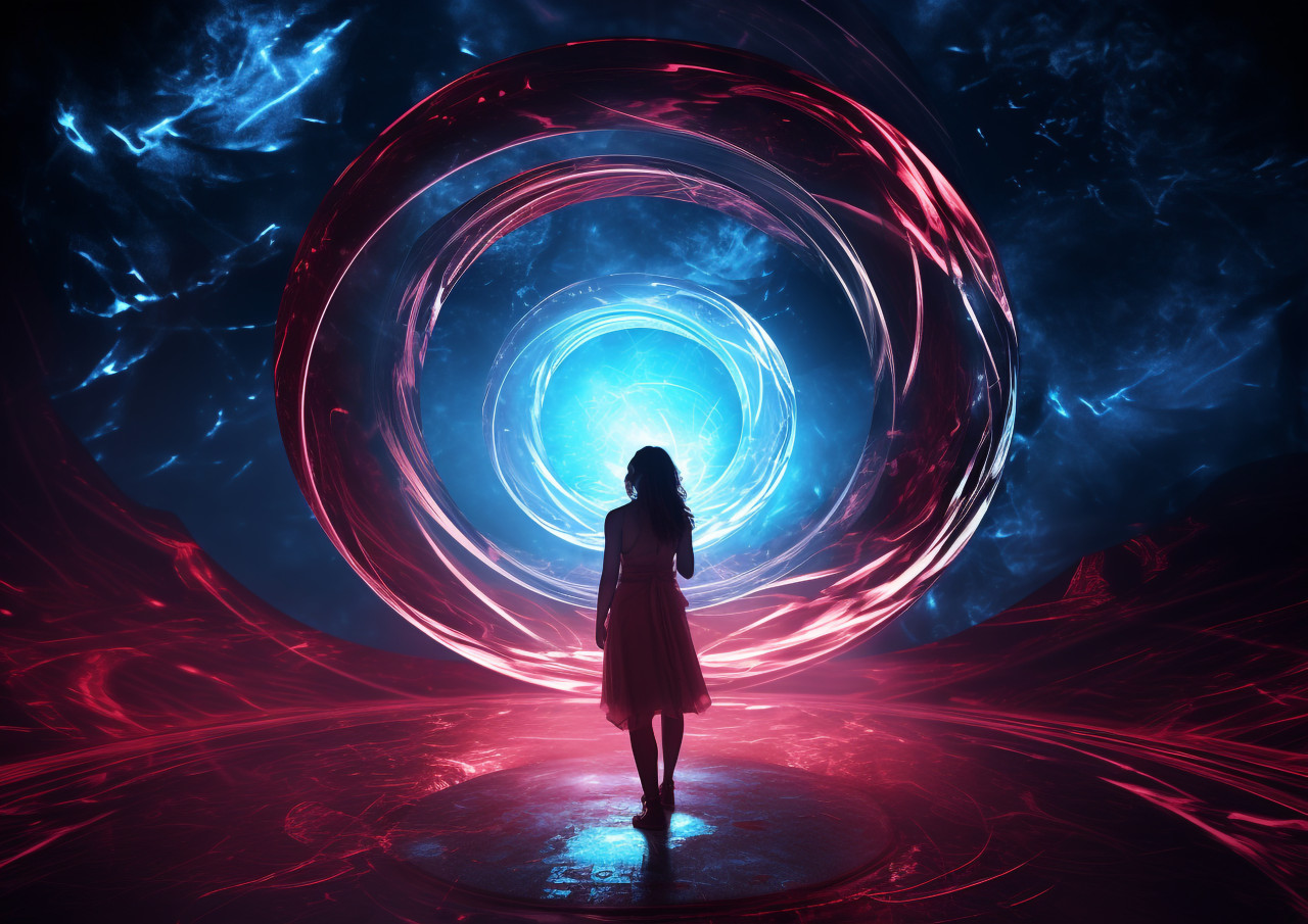 A picture of a woman standing inside a circle of light, futuristic image