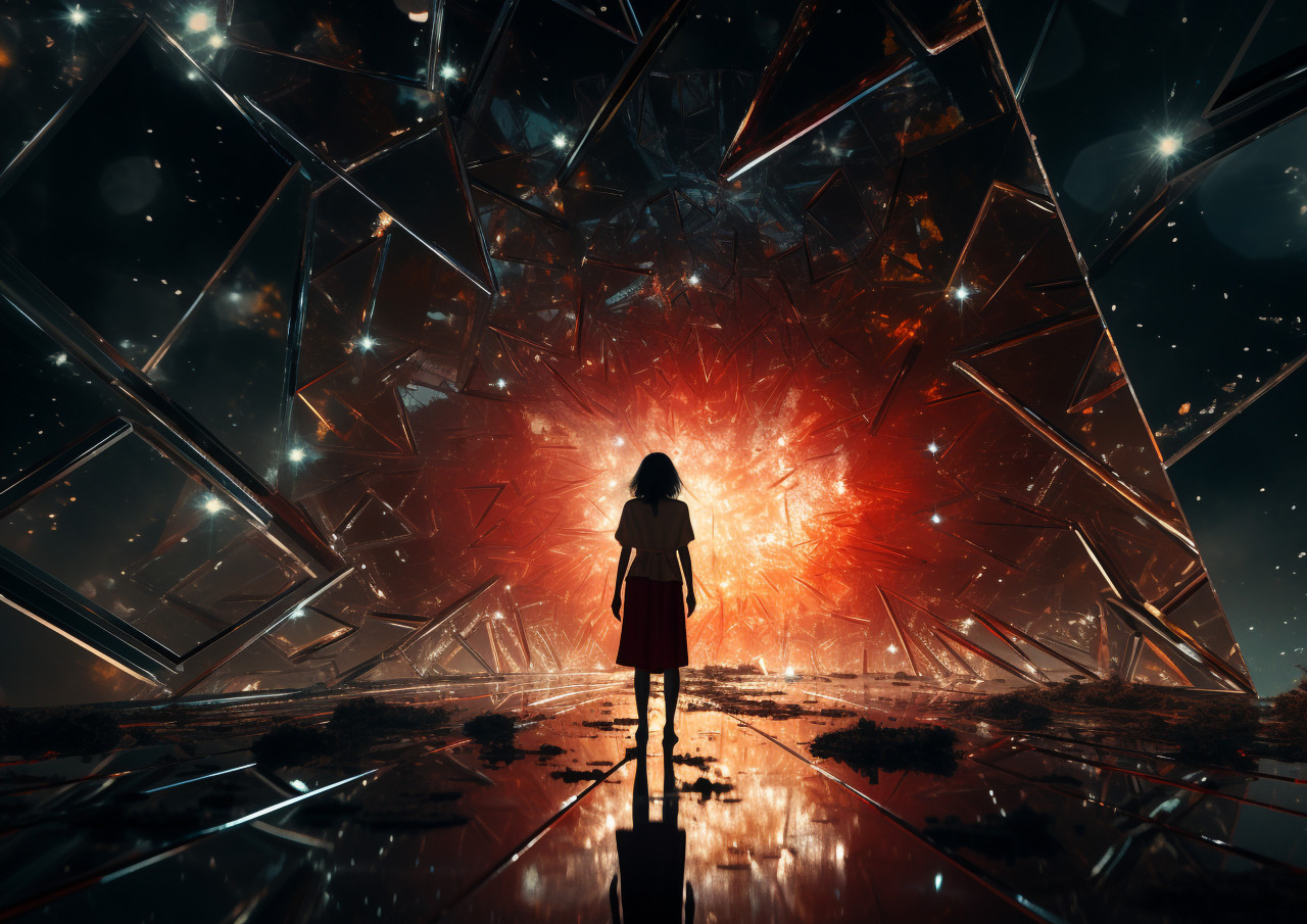 Video of a girl walking through a dark hole with a star, futuristic image
