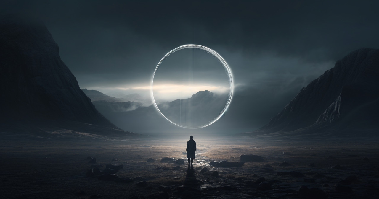 A person on the moon standing in front of a glowing circle, futuristic image