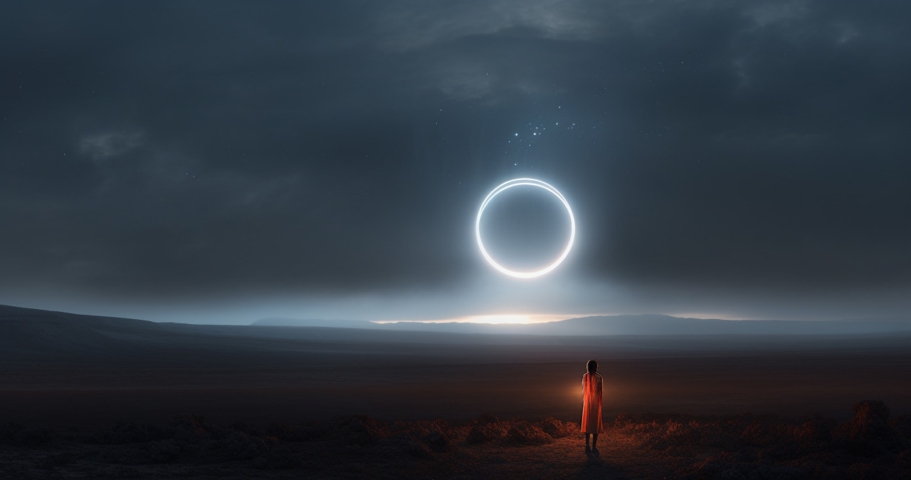 A picture of a woman looking at a glowing ring floating in space, futuristic image