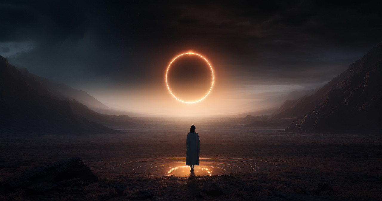 A picture of a woman looking at a glowing ring floating in space, futuristic image