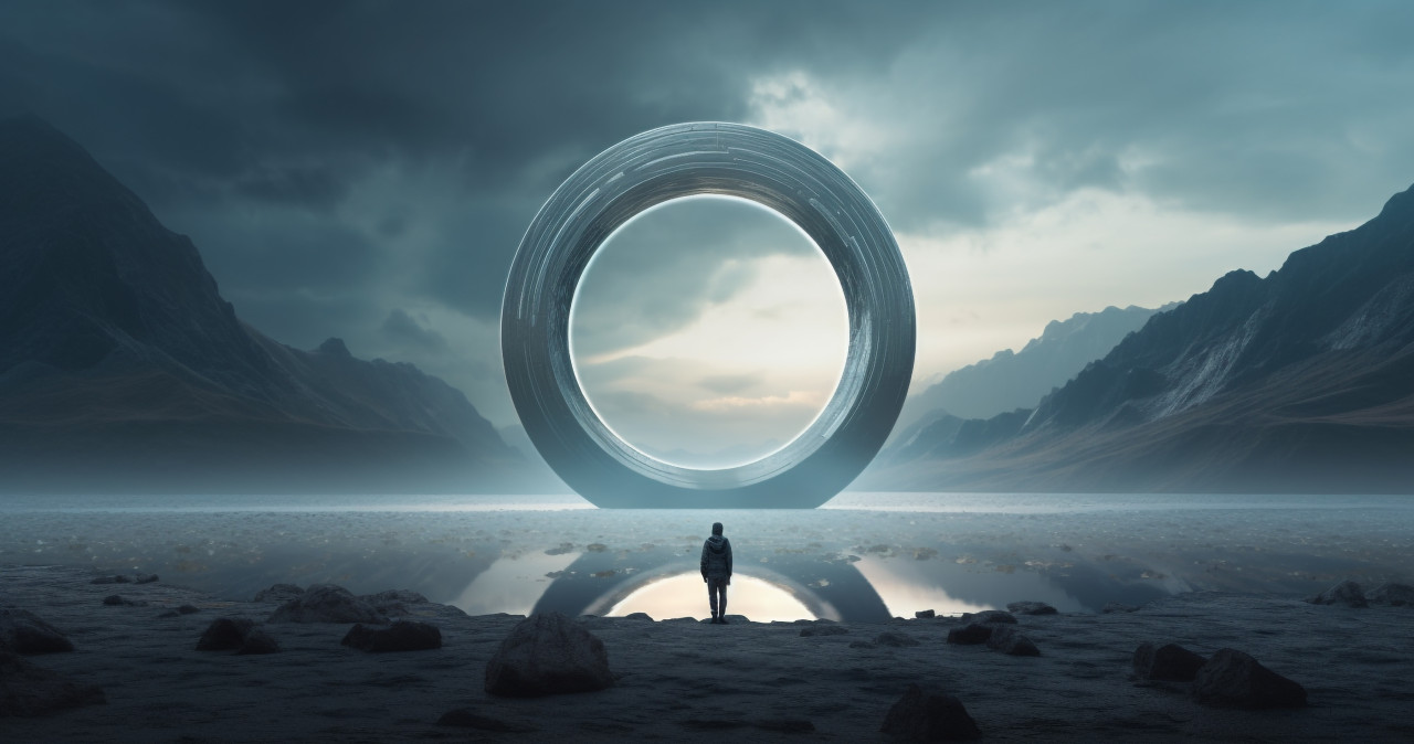 Stock photo of a person standing behind a circle in space, representing the concept of space travel, futuristic image