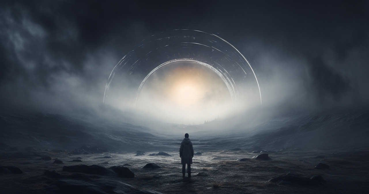 A person on the moon standing in front of a glowing circle, futuristic image