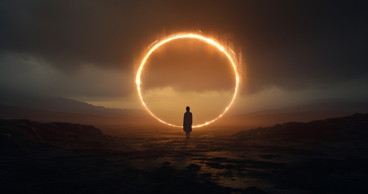 A picture of a woman looking at a glowing ring floating in space, futuristic image