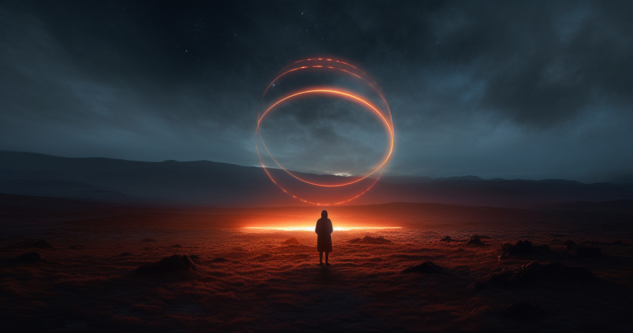 A picture of a woman looking at a glowing ring floating in space, futuristic image