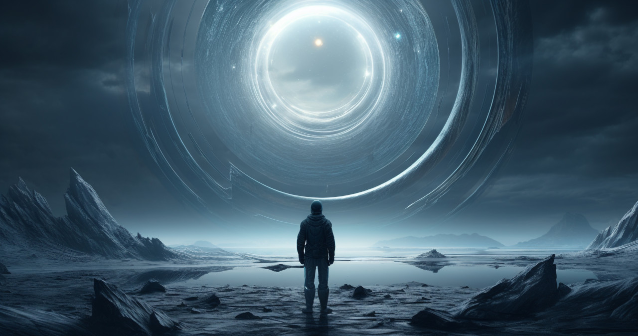 Stock photo of a person standing behind a circle in space, representing the concept of space travel, futuristic image