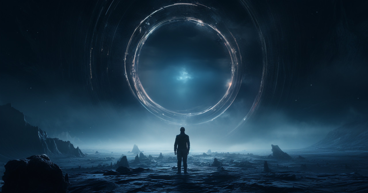 Stock photo of a person standing behind a circle in space, representing the concept of space travel, futuristic image