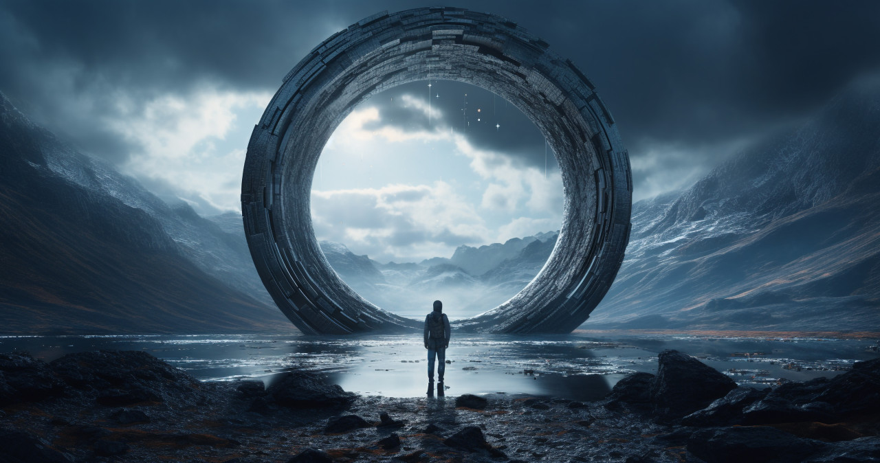 Stock photo of a person standing behind a circle in space, representing the concept of space travel, futuristic image