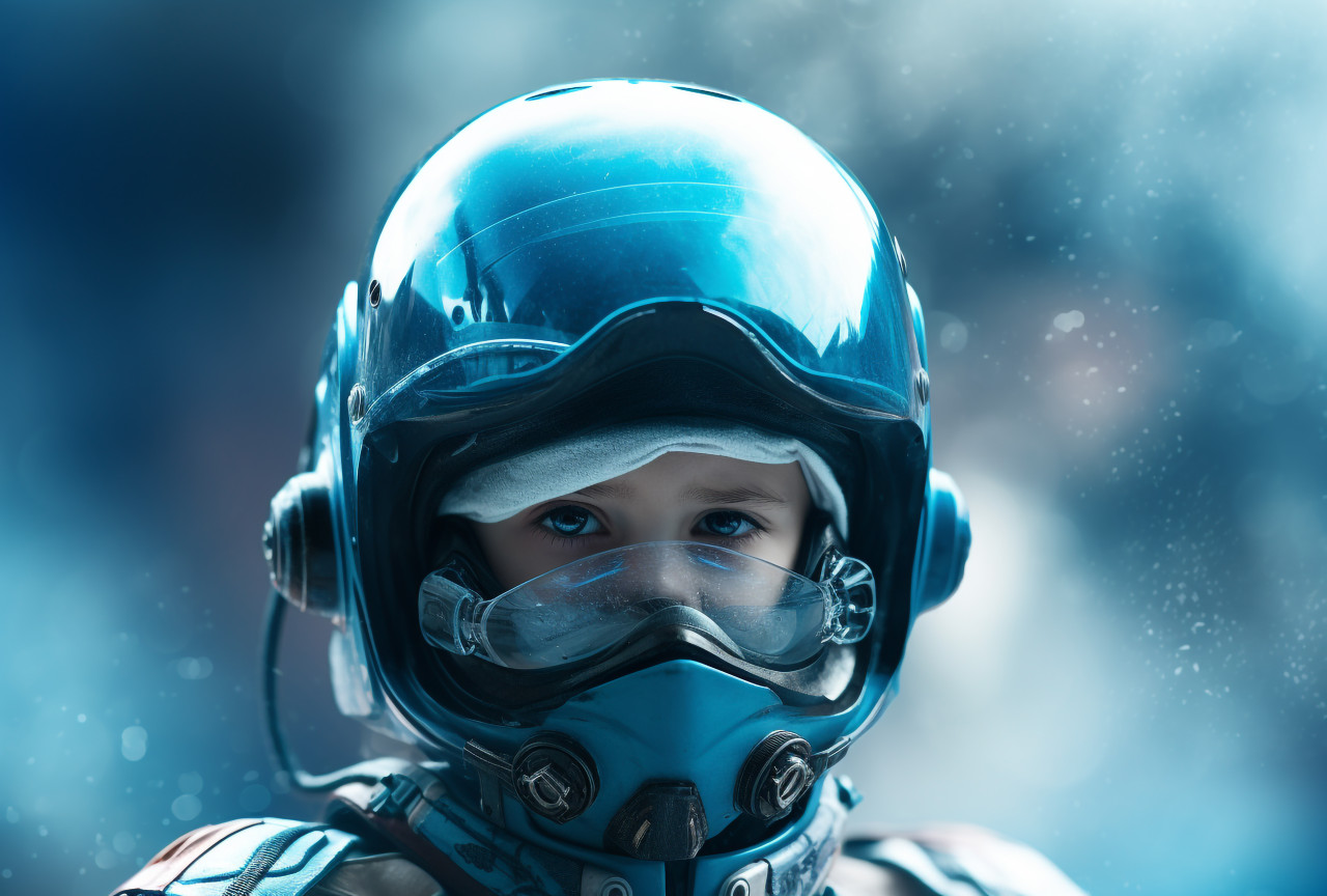 A little man with a blue helmet from the future, futuristic image