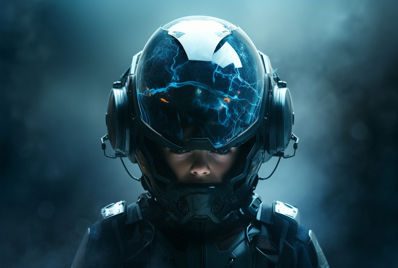 A little man with a blue helmet from the future, futuristic image