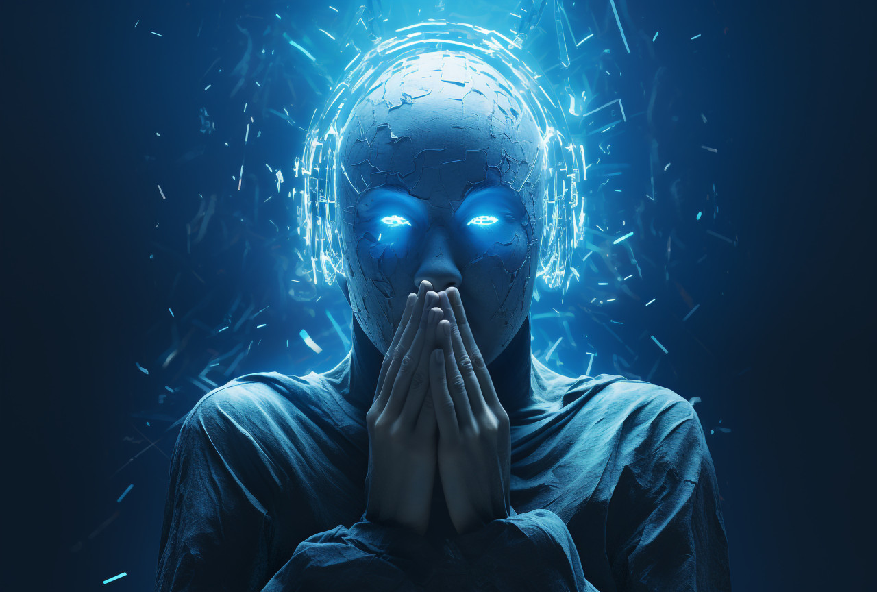 A blue-headed and blue-handed person on a blue background, futuristic image