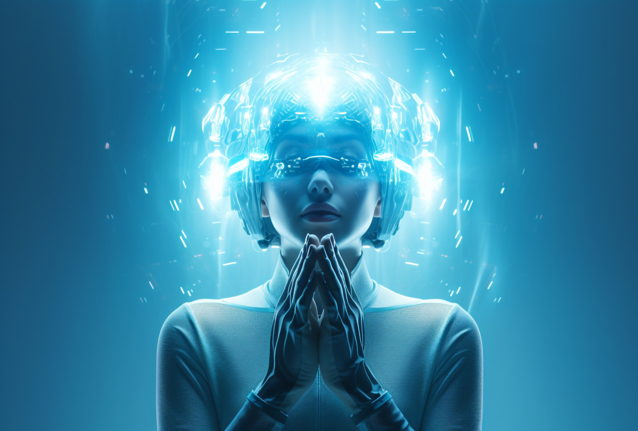 A blue-headed and blue-handed person on a blue background, futuristic image