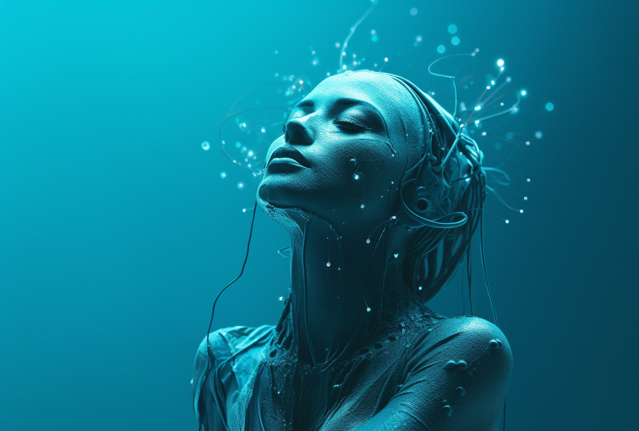 A blue-headed and blue-handed person on a blue background, futuristic image