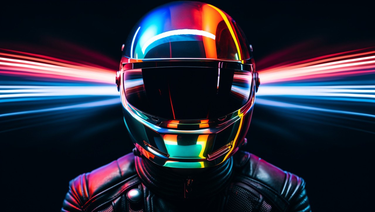 A three-dimensional picture of a person-like creature wearing a helmet that shows images in the air, futuristic image