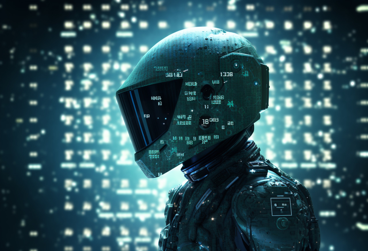 Person wearing a helmet that allows them to interact with the digital world, futuristic image