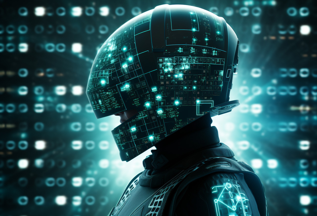 Person wearing a helmet that allows them to interact with the digital world, futuristic image