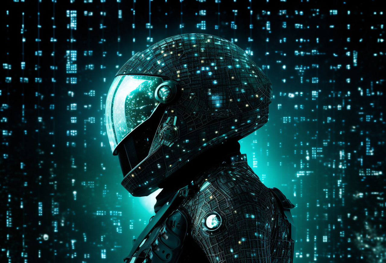 Person wearing a helmet that allows them to interact with the digital world, futuristic image