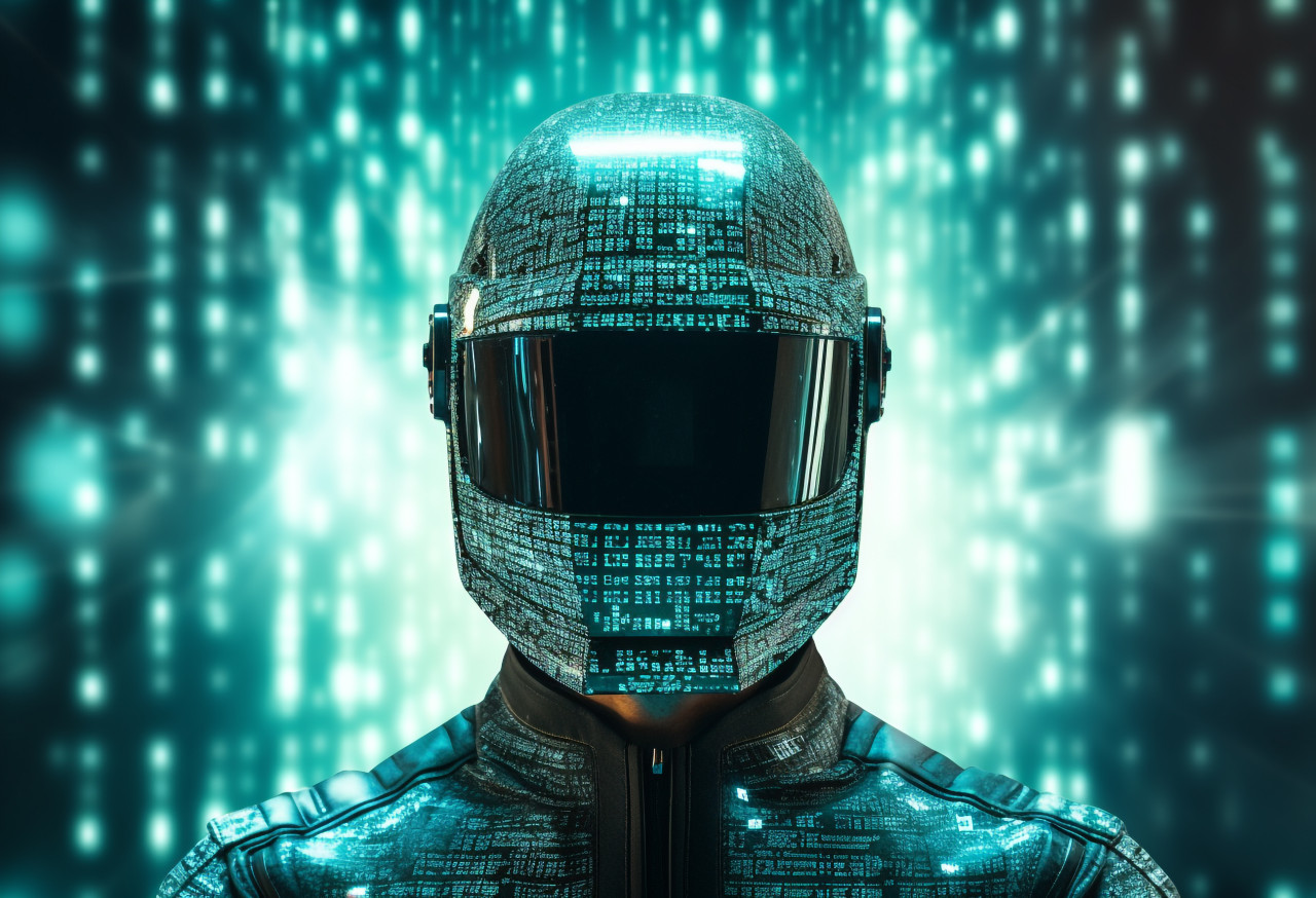 Person wearing a helmet that allows them to interact with the digital world, futuristic image