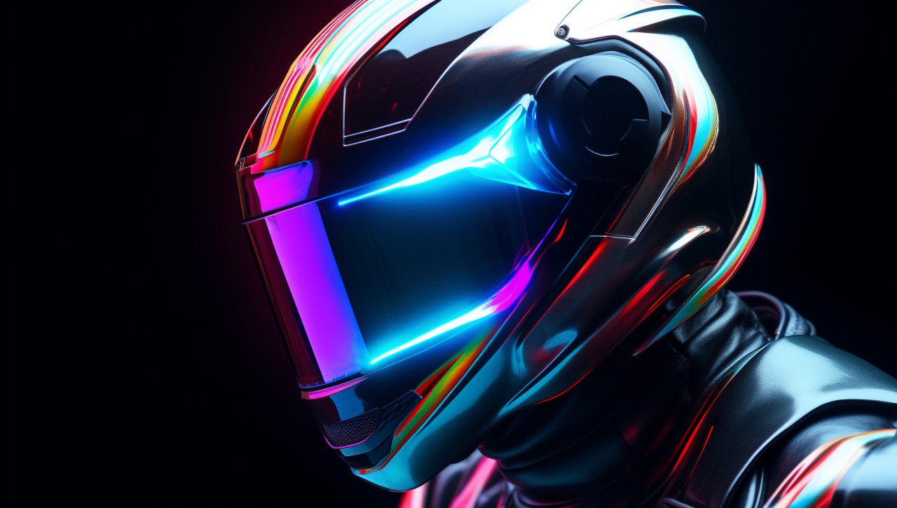 A three-dimensional picture of a person-like creature wearing a helmet that shows images in the air, futuristic image