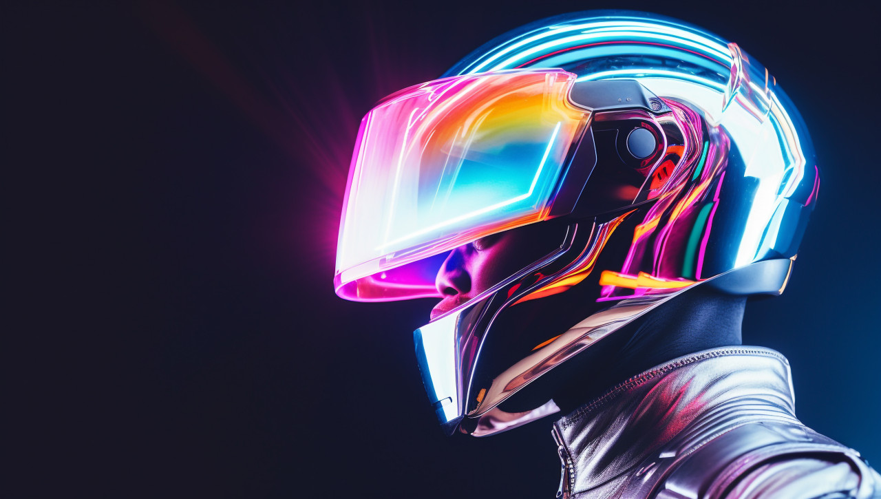 A three-dimensional picture of a person-like creature wearing a helmet that shows images in the air, futuristic image