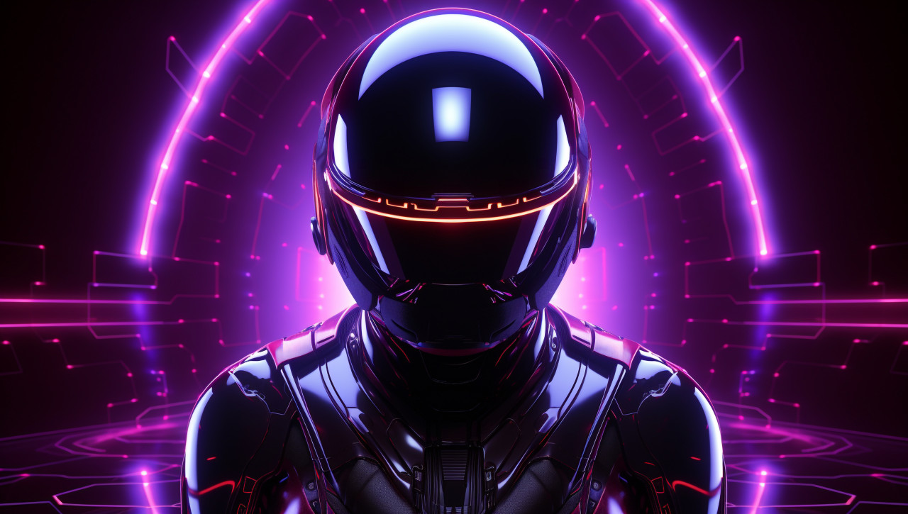 A dark space scene with bright, colorful lights, futuristic image