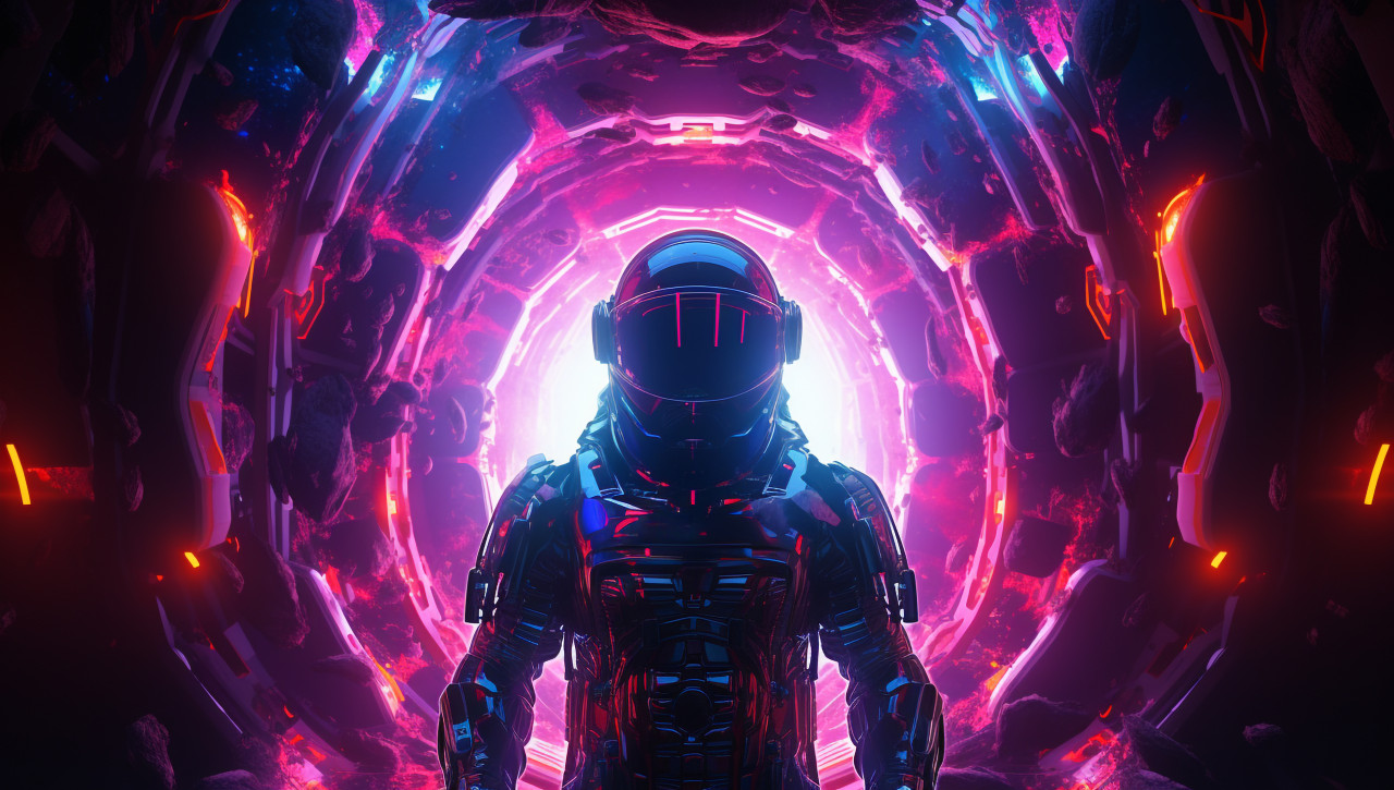 A dark space scene with bright, colorful lights, futuristic image