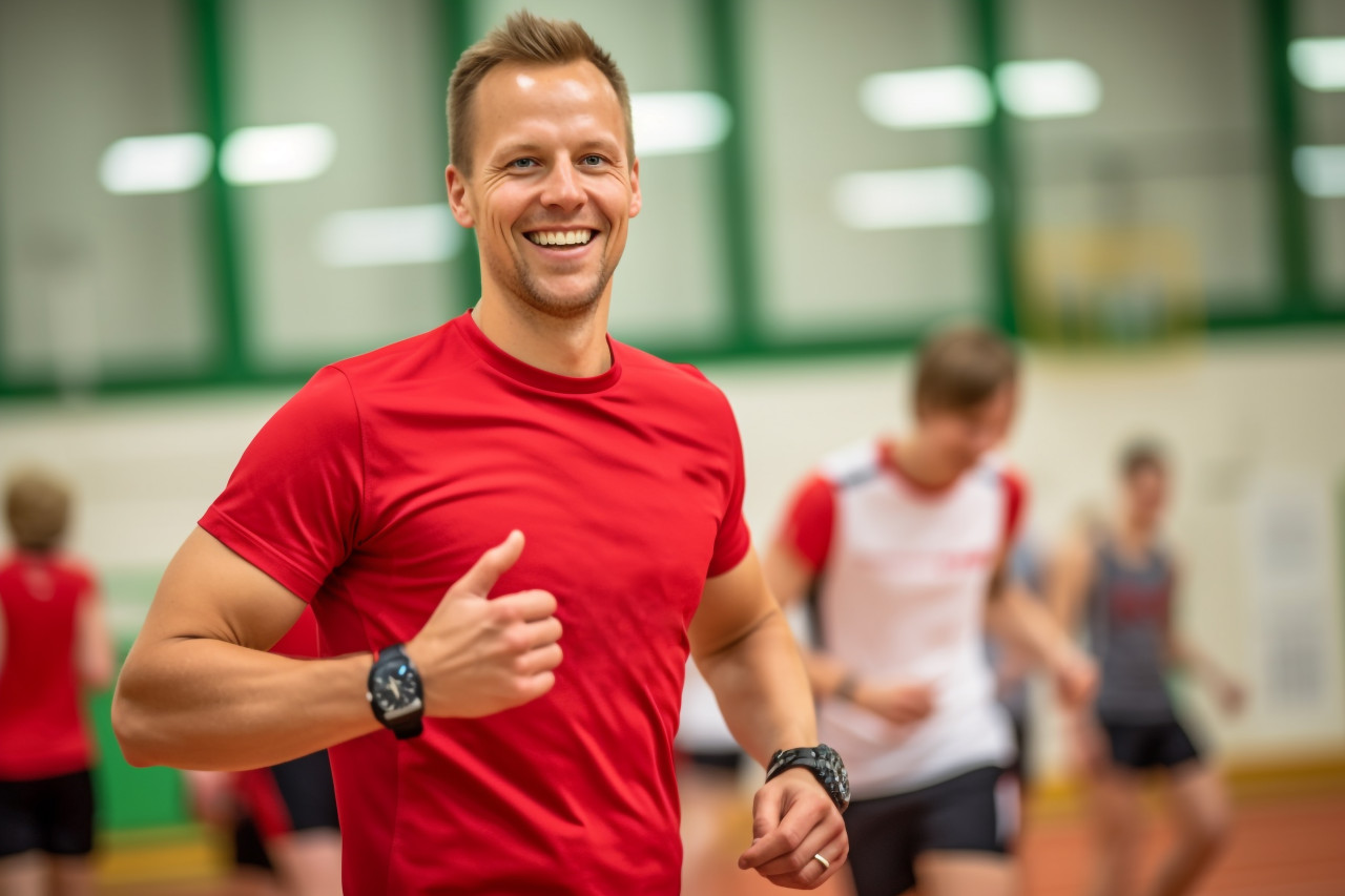 A picture of a young, happy coach using a stopwatch during physical education class at a school gym, while looking at the camera, indoor sports and leisure activities images