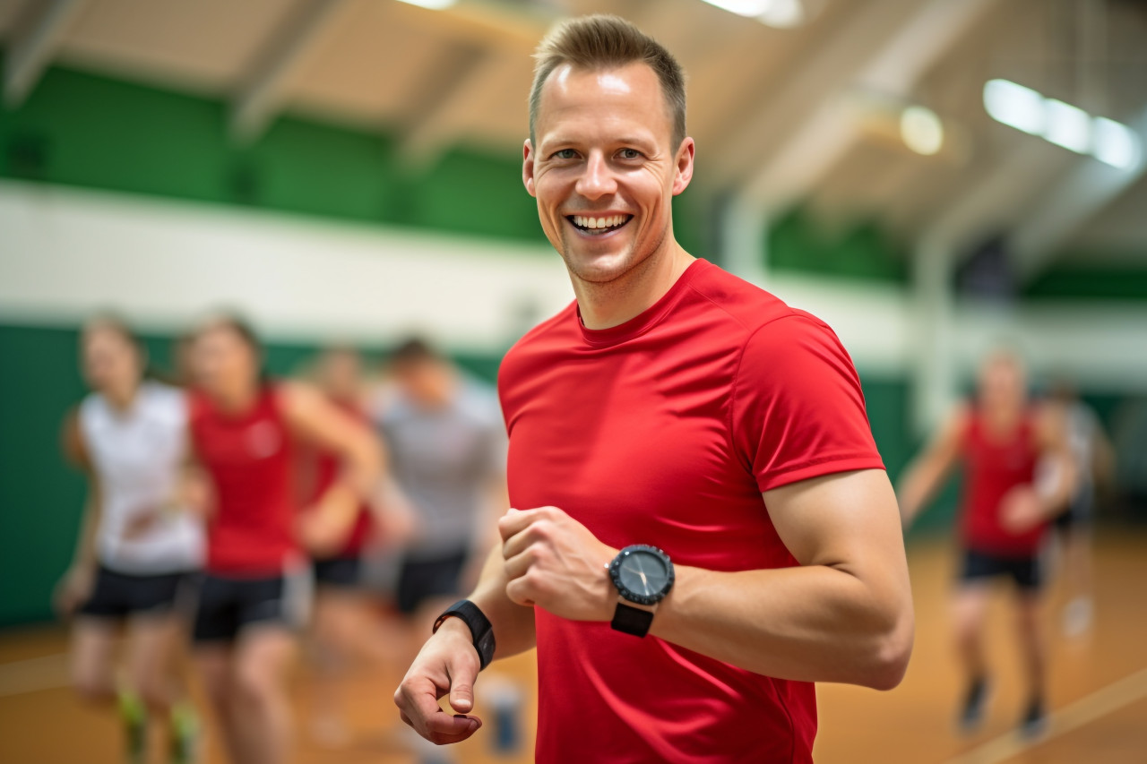 A picture of a young, happy coach using a stopwatch during physical education class at a school gym, while looking at the camera, indoor sports and leisure activities images
