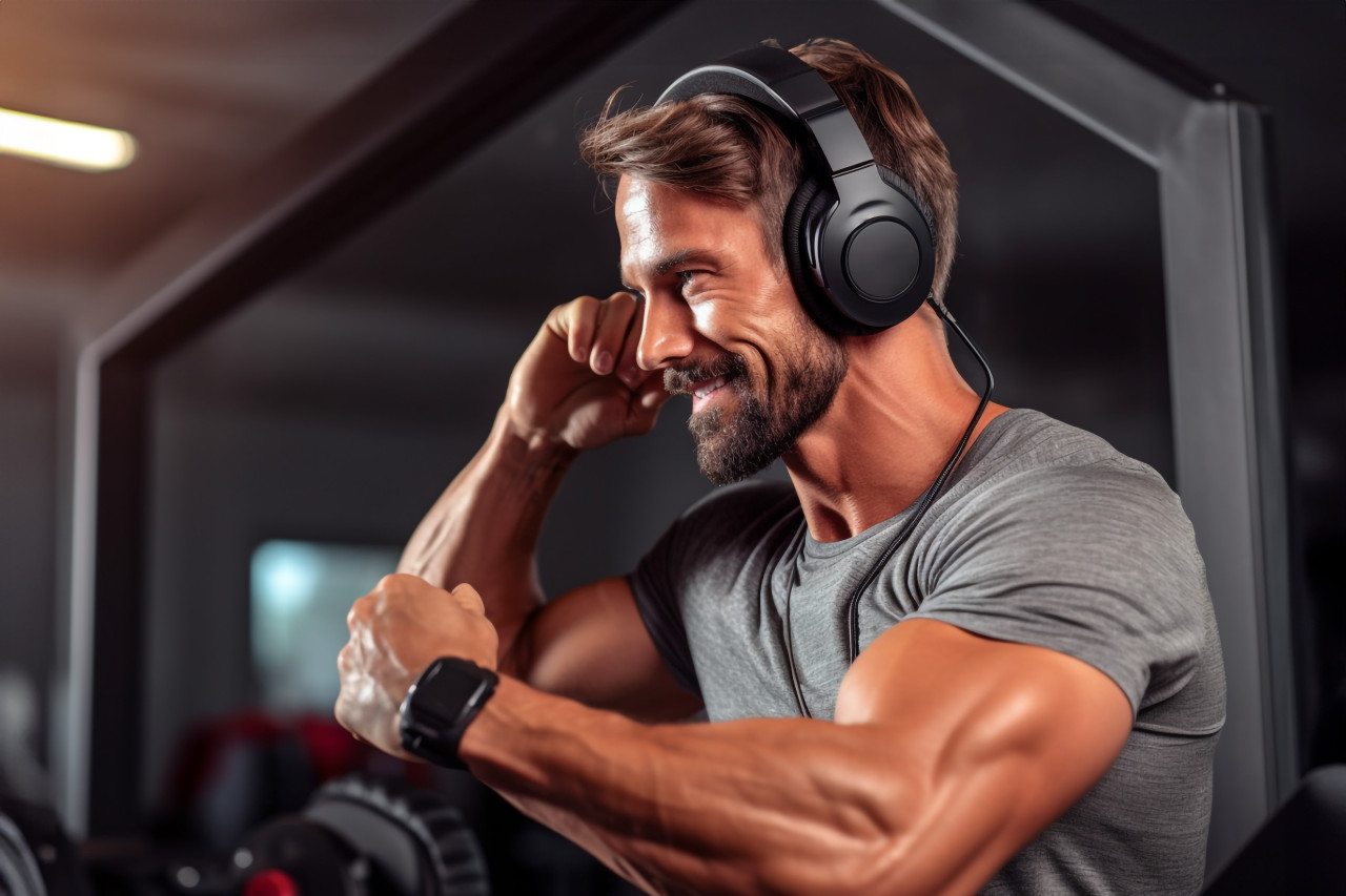 A photo of a man working out at home while wearing sports headphones, indoor sports and leisure activities images