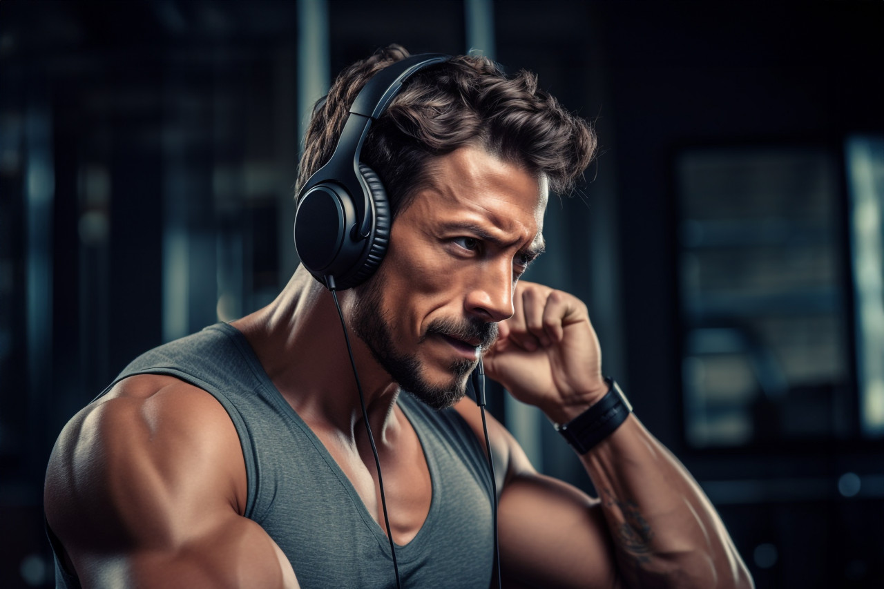 A photo of a man working out at home while wearing sports headphones, indoor sports and leisure activities images